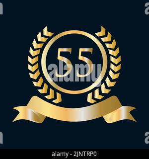 Fifty Five Five, 55 anni anniversario Celebration Gold e Black Template. Stemma araldico oro di lusso con logo Vector Vintage Laurel Illustrazione Vettoriale