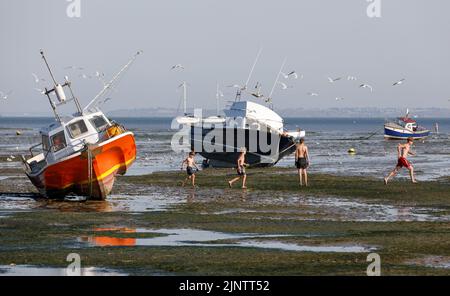 Quattro ragazzi camminano e giocano vicino a due barche da pesca sulle pianelle di fango e alghe sul Tamigi con la bassa marea nell'onda calda estiva Foto Stock