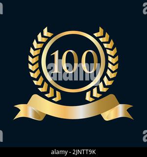 Modello oro e nero per la celebrazione del 100th° anniversario. Stemma araldico oro di lusso con logo Vector Vintage Laurel Illustrazione Vettoriale