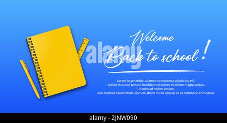 Ritorno a scuola. Vacanza per studenti. Piccolo testo scritto a mano di ritorno a scuola. Posiziona per testo. Poster Education. Concetto di banner vettoriale con notebook e. Illustrazione Vettoriale