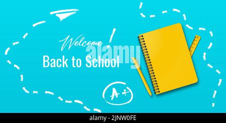 Ritorno a scuola. Vacanza per studenti. Concetto di banner vettoriale con notebook e penna su sfondo turchese o azzurro. Testo scritto a mano di piccole dimensioni indietro t Illustrazione Vettoriale