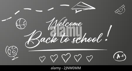 Bentornato a scuola. Vacanza per studenti. Piccolo testo scritto a mano di ritorno a scuola. Posiziona per testo. Concetto di banner vettoriale con blocco note o blocco note A. Illustrazione Vettoriale