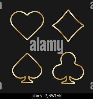 I segni d'oro si adattano alle icone. Set di simboli del gioco di poker. Cuori, club, picche, diamanti. Illustrazione vettoriale su sfondo nero. Illustrazione Vettoriale