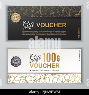 Modello voucher regalo vettoriale. Volantino universale per il business. Design vettoriale bianco di lusso per grandi magazzini, aziende. Valore 100 dollari. Illustrazione Vettoriale