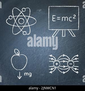 Icona fisica impostata sulla lavagna. Fisica nucleare, formula energetica, forza di gravità e simboli del dipolo elettrico. Illustrazione vettoriale. Illustrazione Vettoriale