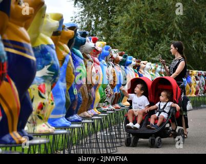 Berlino, Germania. 13th ago, 2022. La gente guarda le sculture dipinte durante il festival culturale 'la cultura incontra il giardino' presso i Giardini del mondo a Berlino, Germania, il 13 agosto 2022. Il festival si è tenuto qui il 13-14 agosto. Credit: Ren Pengfei/Xinhua/Alamy Live News Foto Stock