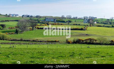 Un piccolo villaggio agricolo tra le verdi colline irlandesi. Paesaggio pastorale europeo. Campi verdi in una giornata di sole. Bellezza naturale dell'Irlanda, West Co Foto Stock