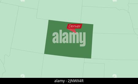 Mappa del Colorado con pin della capitale del paese. Mappa del Colorado con i paesi vicini di colore verde. Illustrazione Vettoriale