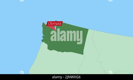 Mappa di Washington con pin della capitale del paese. Mappa di Washington con i paesi vicini di colore verde. Illustrazione Vettoriale