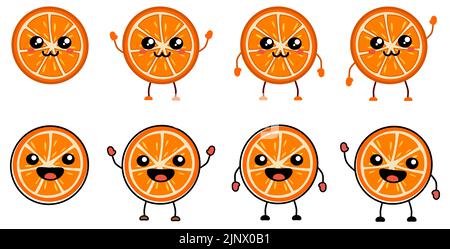 Carino kawaii stile arancio frutta icona - agrumi tagliato a metà, sorridente. Versione con le mani sollevate, abbassate e ondulate. Illustrazione Vettoriale