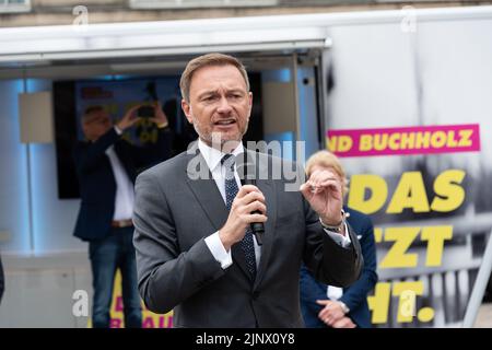 Porträt des deutschen Finanzministers Christian Lindner auf einer Wahlveranstaltung a Kiel Foto Stock