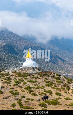 Stupa vicino al villaggio di Dingboche con bandiere di preghiera e monti Kangtega e Thamserku - modo per il campo base Everest - Valle Khumbu - Nepal. Viaggi e. Foto Stock