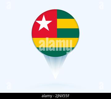 Puntatore della mappa con bandiera di Togo. Segno di flag vettoriale su sfondo blu. Illustrazione Vettoriale