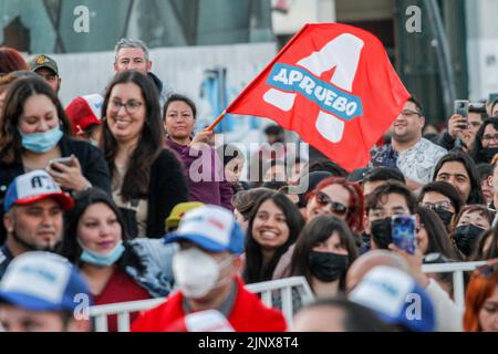 Le persone sono in possesso di bandiere per l'approvazione di una nuova costituzione. Convocazione a Viña del Mar, Cile, per l'approvazione per definire lo sviluppo di una nuova costituzione, che sarà definita il 4 settembre 2022, approva / rifiuta voto. Foto Stock