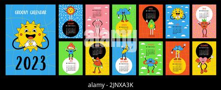 Modello calendario retrò 2023 con stile groovy. Cartone animato personaggi comici divertenti fiore potenza, sole, cuore con le mani e i piedi gloved. Vettore. Verticale Illustrazione Vettoriale