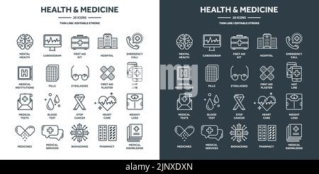 Assistenza sanitaria e medicina, pronto soccorso. Servizi ospedalieri, esami del sangue e diagnostica. Cardiogramma, battito cardiaco. Farmacia, pillole e farmaci. Linea sottile Illustrazione Vettoriale