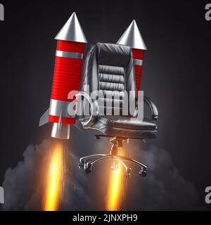 Sedia da ufficio volante con razzo che brucia. Avvio, concetto di opportunità di carriera. illustrazione 3d Foto Stock