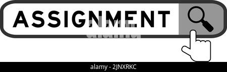 Ricerca banner in assegnazione parola con icona di ingrandimento mano su sfondo bianco Illustrazione Vettoriale