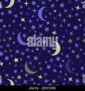 Motivo senza cuciture con stella e luna nel cielo scuro. Stelle COSMOS su sfondo blu scuro per bambini, bambini e bambini. Cute struttura dei bambini. Illustrazione Vettoriale