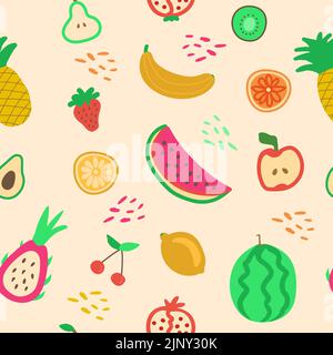 Disegni a mano cute senza cuciture modello frutta, arancione, banana, meleganato, ciliegia, Fragola, limone e foglia su sfondo rosa pastello. Illustrazione vettoriale Illustrazione Vettoriale