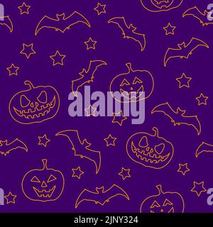 Sfondo di Halloween, zucche divertenti e pipistrelli. Texture di saluto per feste e vendita. Vacanze autunnali. Illustrazione Vettoriale