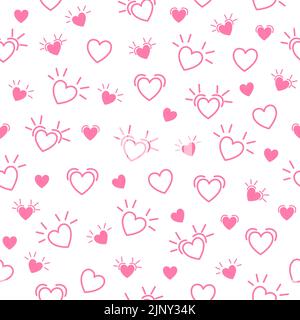 Disegno a mano doodle cuori rosa senza cuciture motivo. San Valentino cuore illustrazioni texture sfondo. Vettore sfondo bianco Illustrazione Vettoriale
