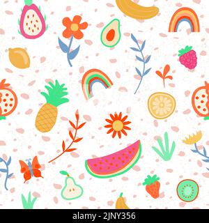 Colorful Vector Seamless Pattern con Cartoon Doodle Cute Fruits e Berries con motivi astratti. Estate frutta alimentare sfondo infantile Illustrazione Vettoriale