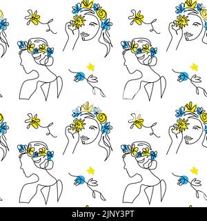 Testa in fiori modello vettoriale. Un disegno lineare continuo. Fiori blu e gialli nella bandiera Head.Ukrainian. Faccia della donna Illustrazione Vettoriale