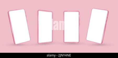 Imposta mockup smartphone rosa, set di modelli vettoriali 3D. Vista frontale del telefono cellulare su sfondo bianco Illustrazione Vettoriale