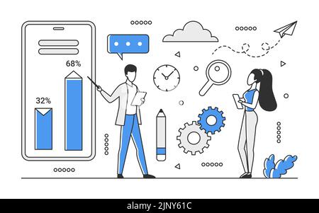 Tendenze dell'analisi del mercato aziendale. Evoluzione statistica e monitoraggio dati vettore illustrazione monocolor Illustrazione Vettoriale