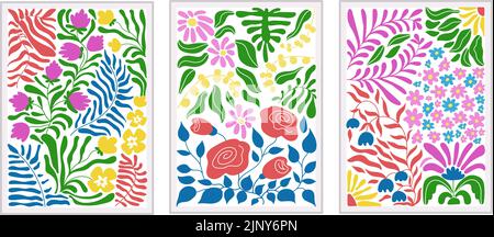 Poster da parete di fiori di doodle contemporanei. Arredamento astratto alla moda ispirato a matisse. Sfondo floreale colorato ingenuo. Vettore minimo decente Illustrazione Vettoriale