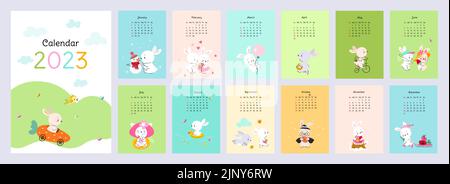 Calendario di parete 2023 con conigli carini. Disegno di stampa di capretto degli animali, modello di pagine di 12 mesi. Coniglietto nelle stagioni, innamorato, con fiori e Halloween Illustrazione Vettoriale