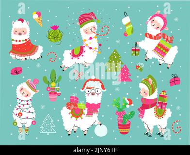 Natale cartone alpaca con cactus e regali. Divertente x-mas partito, festa di nuovo anno alpaca adesivi. I caratteri animali invernali sono un vettore Illustrazione Vettoriale