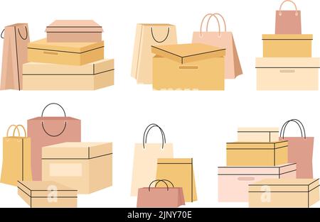 Vendita artigianale borse e scatole shopping. Composizione della borsa, confezione regalo del negozio. Scarpe scatola di carta, acquisto negozio o negozio vari o decent set vettore pacchi Illustrazione Vettoriale