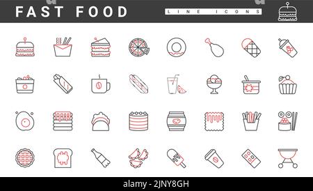 Menu di spuntini veloci e bevande sottili icone con linee rosse e nere per un'illustrazione vettoriale. Astratto pasto malsano per mangiare la colazione o il pranzo in ristorante o caffè, hamburger pizza gelato hot dog torta Illustrazione Vettoriale