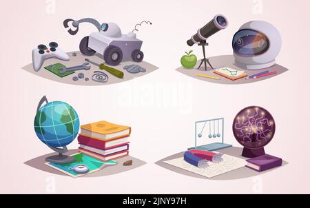 Scienza. Astronomia geografia biologia elementi di educazione matite notebook simboli matematici immagini vettoriali esatte cartoni animati Illustrazione Vettoriale