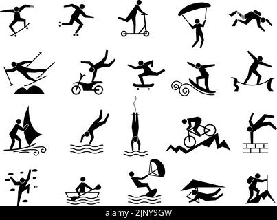 Sport estremo icona. Attività all'aperto di fitness energia persone che saltano rafting a piedi e facendo funzionare illustrazioni recenti di sport vettoriali Illustrazione Vettoriale