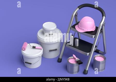 Set di lattina o secchio in metallo con rullo per pittura, spazzola e scala pieghevole viola Foto Stock