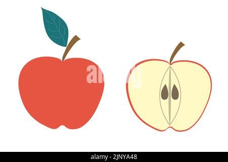 Una mela intera e un pezzetto di mela su un fondo isolato. Illustrazione del vettore piatto. Illustrazione Vettoriale
