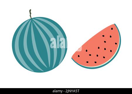Un cocomero intero e una fetta di cocomero su uno sfondo bianco isolato. Illustrazione del vettore piatto. Illustrazione Vettoriale