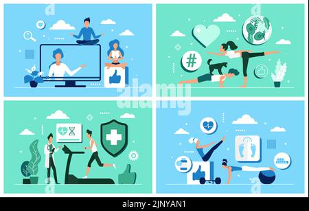 Allenamento sportivo e yoga a casa. Cartoon formazione di persone molto attive con allenatore di fitness virtuale online, guardare video lezioni e programma fisico app flat vettoriale illustrazione. Concetto di benessere Illustrazione Vettoriale