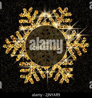 Buon biglietto d'auguri di Natale. Fiocco di neve d'oro di glitter su sfondo scuro. Buon testo di Natale. Illustrazione Vettoriale