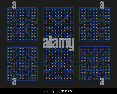 Arcade giochi labirinto posizione. Vintage video gioco labirinto concetto. Puzzle di intrattenimento con rubini gialli, retrò rebus. Obiettivi realizzazioni Tidy vettore Illustrazione Vettoriale