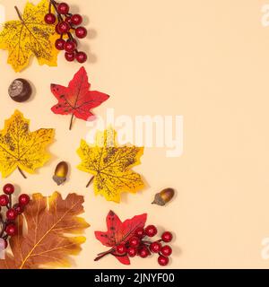Pianta autunnale con foglie, castagni e ghiande su sfondo beige. Concetto autunnale. Copia giacitura piatta Foto Stock