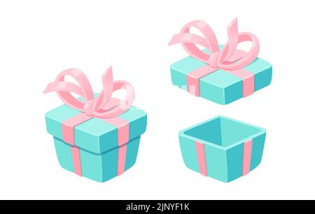 Delicate scatole da regalo chiuse e aperte in stile isometrico per la stampa e la decorazione. Illustrazione vettoriale. Illustrazione Vettoriale