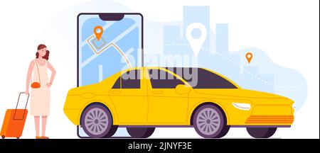 Applicazione di assistenza CAB. Donna in attesa di taxi auto percorso in aeroporto posizione, mobile app servizio online città taxi trasporto di consegna auto traffico, vettore illustrazione del trasporto taxi Illustrazione Vettoriale