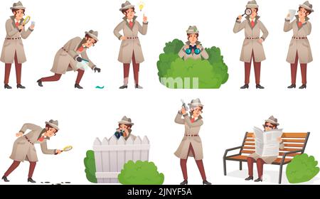 Donna detective. Fumetto sleuth mistero ragazza ispettore femmina con lente d'ingrandimento look agente segreto polizia carattere sorveglianza detectice vettore illustrazione. Donna detective e indagini Illustrazione Vettoriale