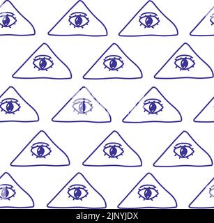 Texture color pastello senza cuciture con tutti i simboli della piramide degli occhi. Triangolo con occhio. Ripetizione. Sfondo moderno originale per il vostro design. Illustrazione Vettoriale