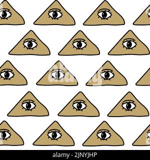 Texture color pastello senza cuciture con tutti i simboli della piramide degli occhi. Triangolo con occhio. Ripetizione. Sfondo moderno originale per il vostro design. Illustrazione Vettoriale