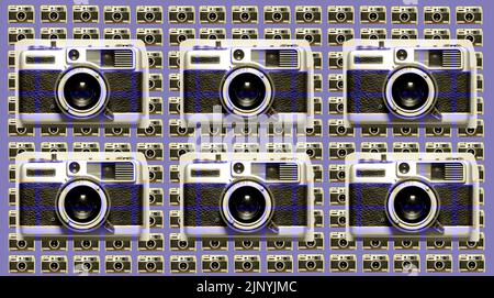 Collage di modelli di telecamere analogiche in stile retrò isolate su sfondo blu. mozaic. montage. Collage Foto Stock